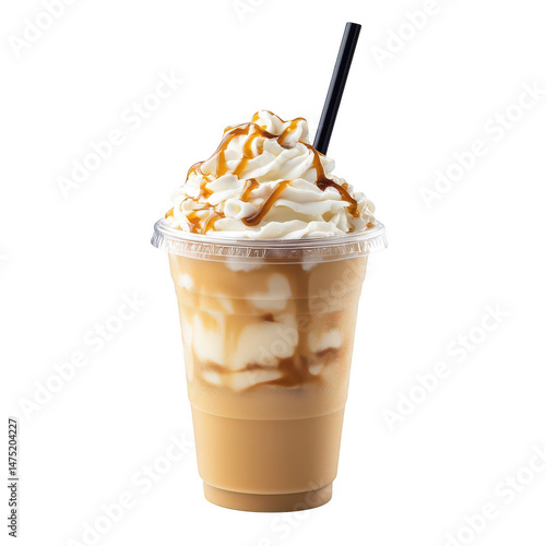 Caramel frappe with whipped cream isolated on transparent background