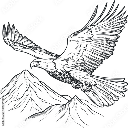 Black and white line art illustration of a majestic eagle flying over mountains with detailed feathers and wings.