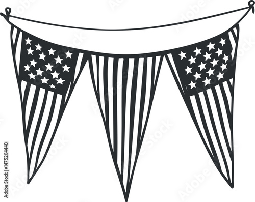 Black and white illustration of a string of triangular bunting flags featuring stars and stripes for patriotic decoration