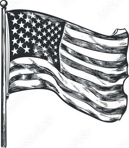 Black and white vintage style illustration of an American flag waving on a pole with stars and stripes.