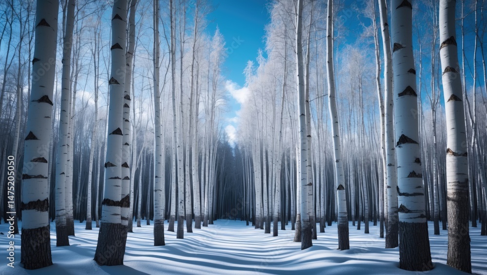 Obraz premium Wintertime woodland featuring tall birch trees and icy surroundings