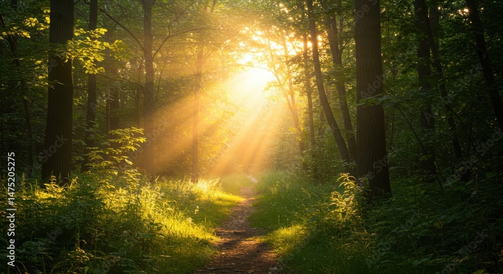 Obraz premium Sunlight shining through trees in a forest path, nature and travel use cases.