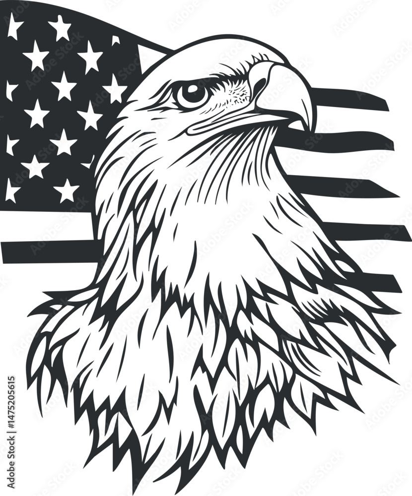 Obraz premium Black and white illustration of a bald eagle head with the American flag in the background symbolizing patriotism and freedom