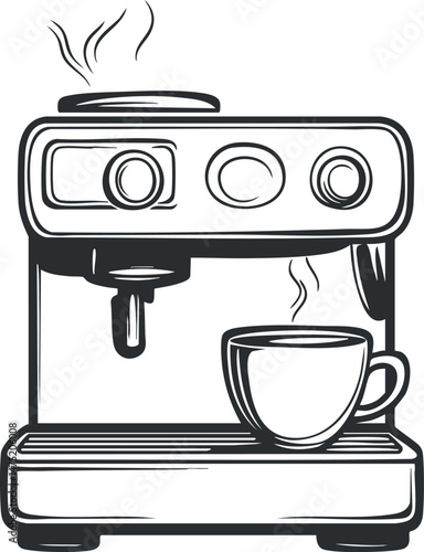 Black and white illustration of an espresso coffee machine with a steaming cup on the tray