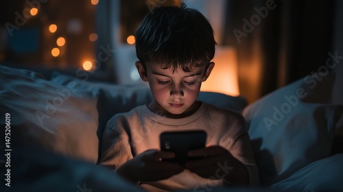 Fat boy playing smartphone in bedroom at night time on dark background. Prolonged telephone play negatively affects eye sight and health in young children. Kid play mobile phone and game.