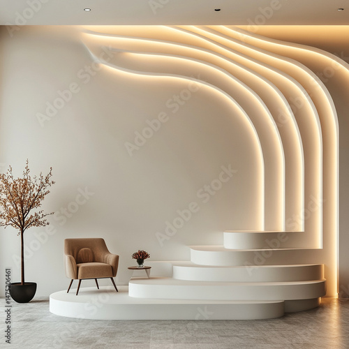 Fototapeta Naklejka Na Ścianę i Meble -  Minimalistic modern backdrop with curved white walls and soft golden lighting