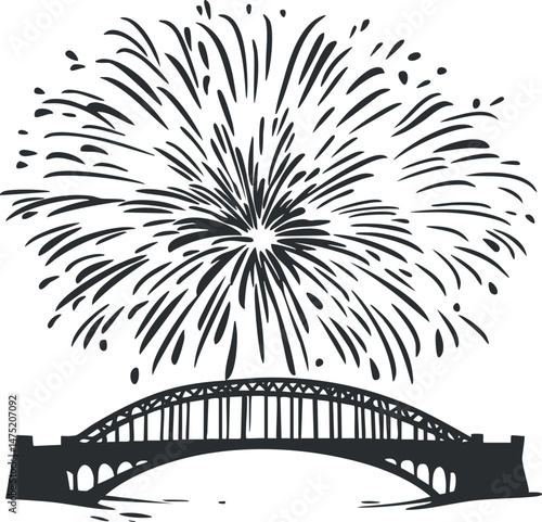 Black and white graphic illustration of fireworks exploding over a large arched bridge at night.