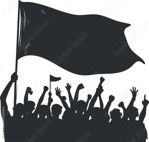Silhouette of a crowd holding a large flag and raising hands in protest or rally scene