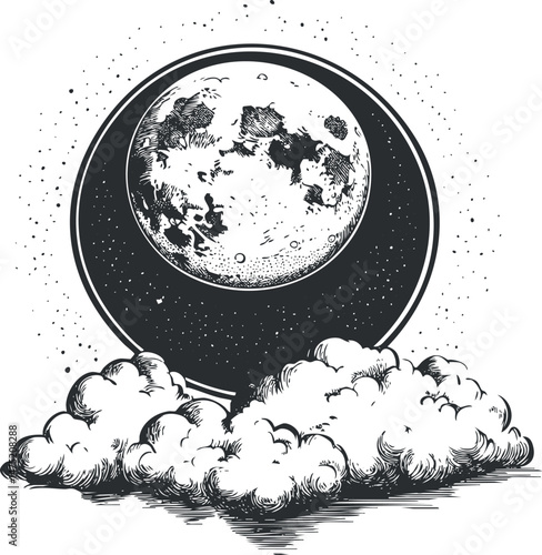 Black and white illustration of a full moon shining above fluffy clouds in a starry night sky.