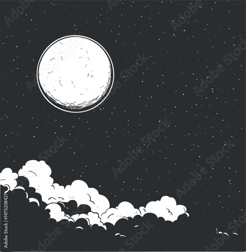 Illustration of a full moon shining brightly in a starry night sky with clouds at the bottom
