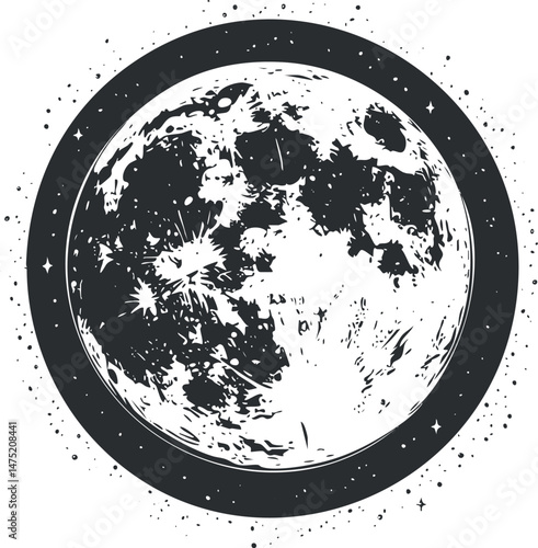 Black and white detailed illustration of the full moon with craters and stars in space