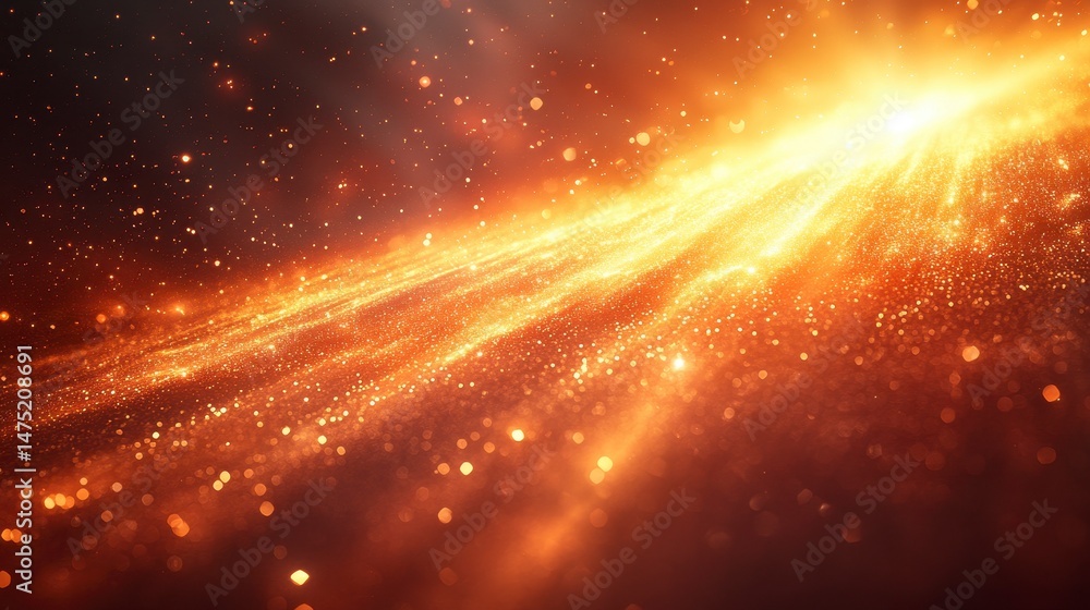 Streaks of golden light shimmer and cascade in space, filled with many tiny stars Streaks of golden light shimmer and cascade in space, filled with many tiny stars