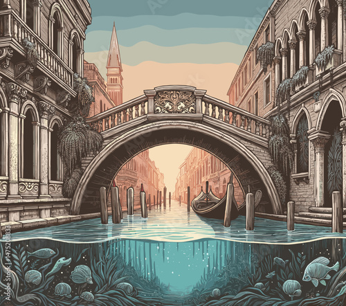 Vintage vector illustration of Venetian canal with ornate bridge with underwater scene
