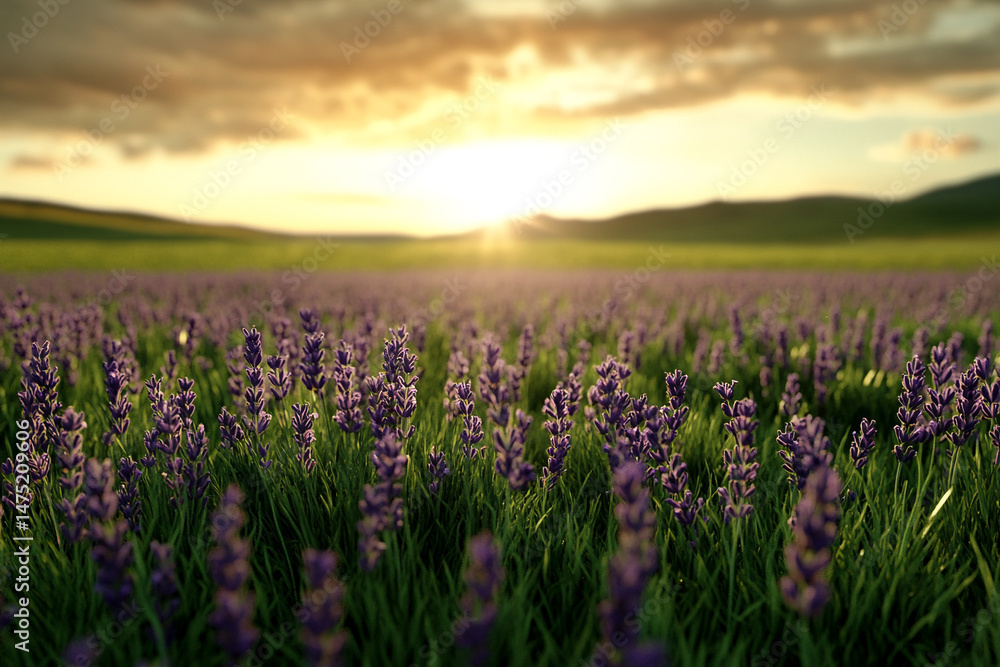 Naklejka premium Blooming lavender field stretching into the horizon under a warm golden sky 