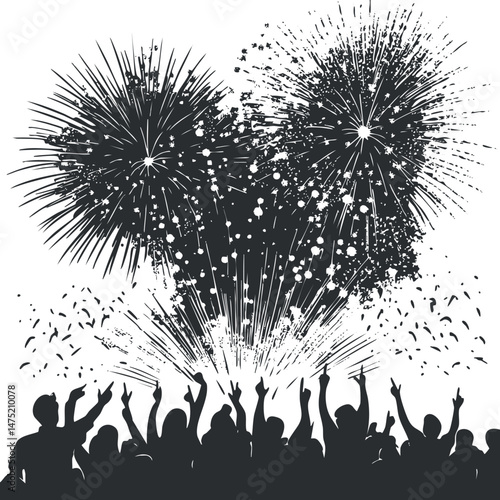 Silhouettes of a crowd celebrating with large fireworks exploding in the night sky above them