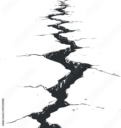Black and white illustration of a long crack in the ground symbolizing earth fracture or earthquake damage