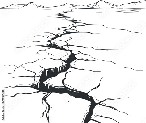 Black and white illustration of cracked dry earth with deep fissures extending towards distant mountains in an arid landscape.