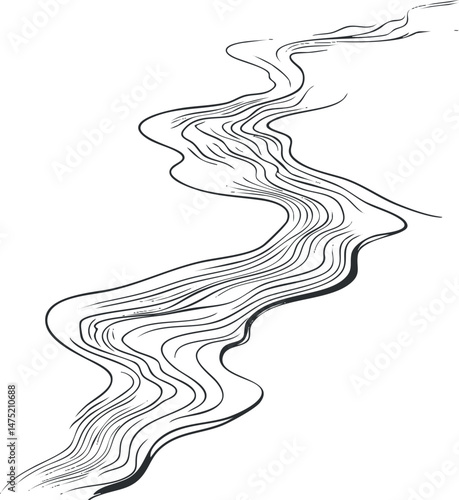 Abstract black and white line art of a flowing river or stream with smooth wavy curves