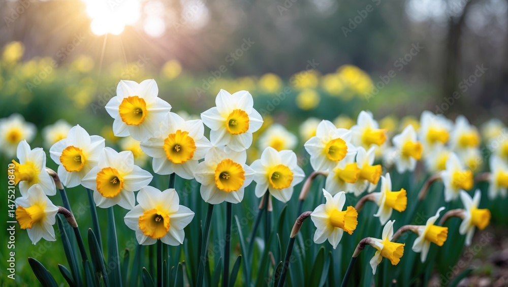 Fototapeta premium A vivid display of daffodil flowers in yellow and white, standing tall in a lush green landscape under the shining sun.