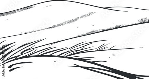 Black and white illustration of a gently rolling hillside with grass and natural landscape scenery