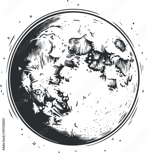 Black and white detailed illustration of the moon with craters and shadow showing lunar surface texture