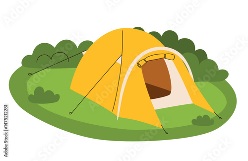 Yellow tent in the forest. Flat vector illustration.