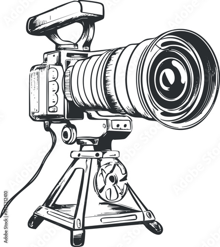 Black and white detailed illustration of a professional camera with a large lens mounted on a tripod