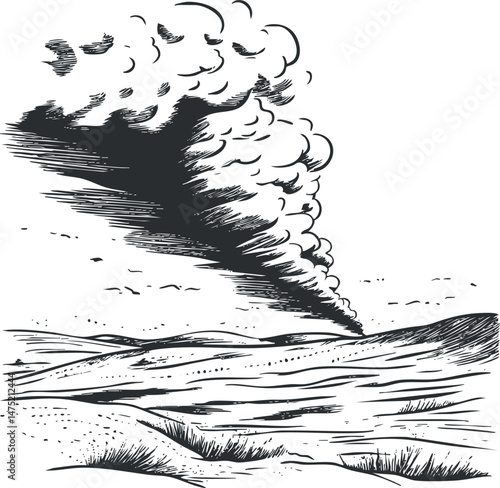 Black and white sketch of a large plume of smoke rising over a hilly landscape with open fields and cloudy sky.
