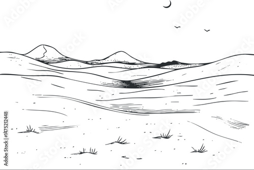 Black and white illustration of a desert landscape with sand dunes, sparse vegetation, distant hills, birds, and a crescent moon in the sky.