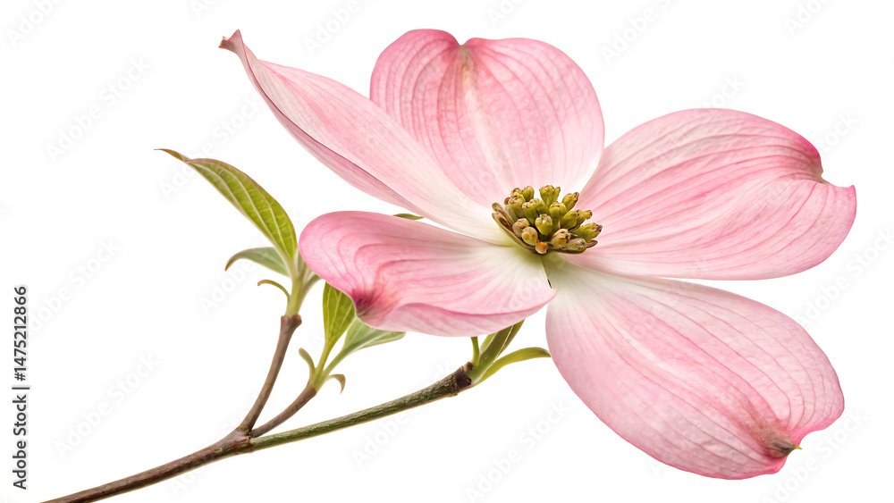 Obraz premium A close up of a pink dogwood flower with green leaves on a branch isolated on white background created with generative ai