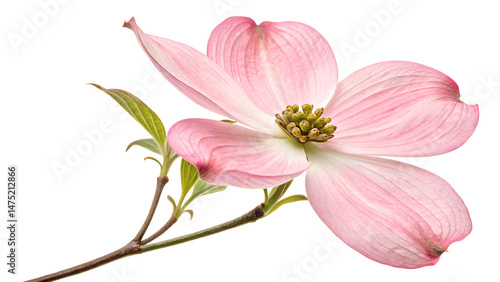 A close up of a pink dogwood flower with green leaves on a branch isolated on white background  created with generative ai