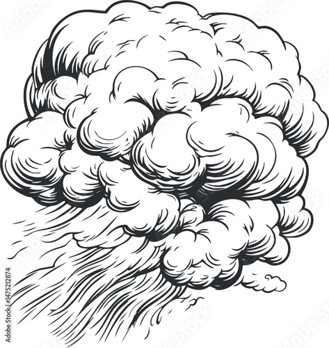 Black and white line art illustration of a large explosive smoke cloud with dynamic swirling shapes and forceful impact