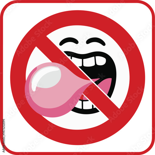 Black silhouette of a face as a no gum chewing sign with a bubble and red slash, representing prohibition, etiquette, and cleanliness in minimalist vector