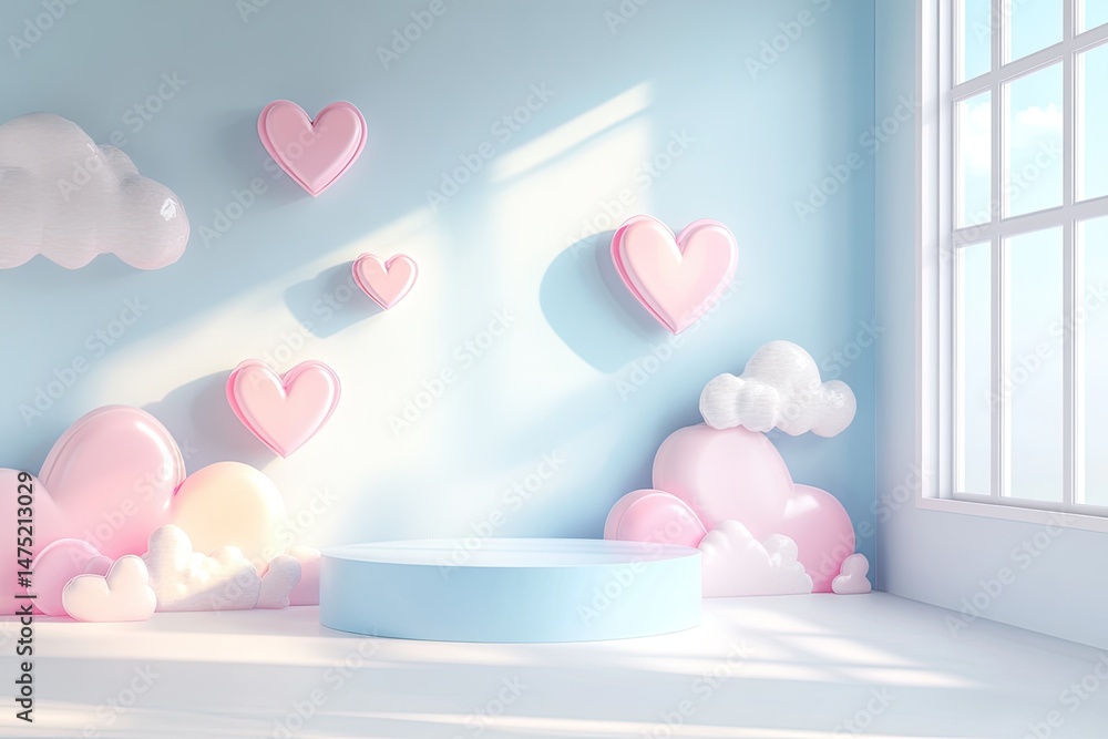 Pastel room with hearts, clouds, and a pedestal Pastel room with hearts, clouds, and a pedestal