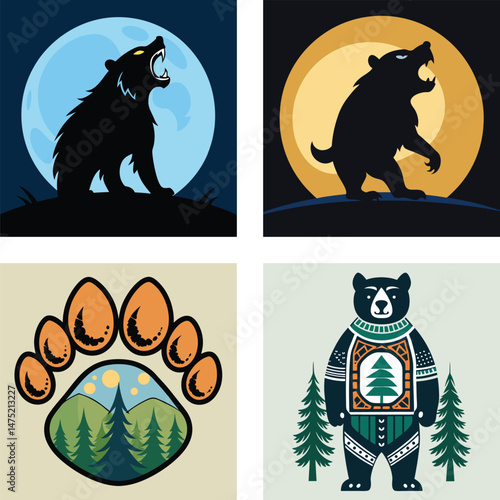 Illustrated Bear Collection With Roaring Silhouette Paw Print And Decorative Design
