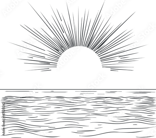 Minimal black and white line art illustration of a sun rising or setting over the ocean with calm waves and rays