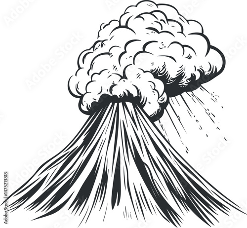 Black and white illustration of a volcanic eruption with smoke and ash cloud rising from mountain peak