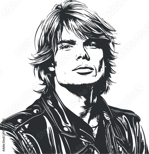 Black and white vector illustration of a young man with stylish hair wearing a leather jacket