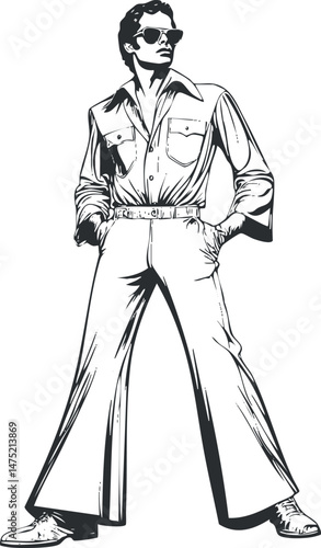 Black and white illustration of a confident man in retro 1970s style clothing with sunglasses and flared pants.