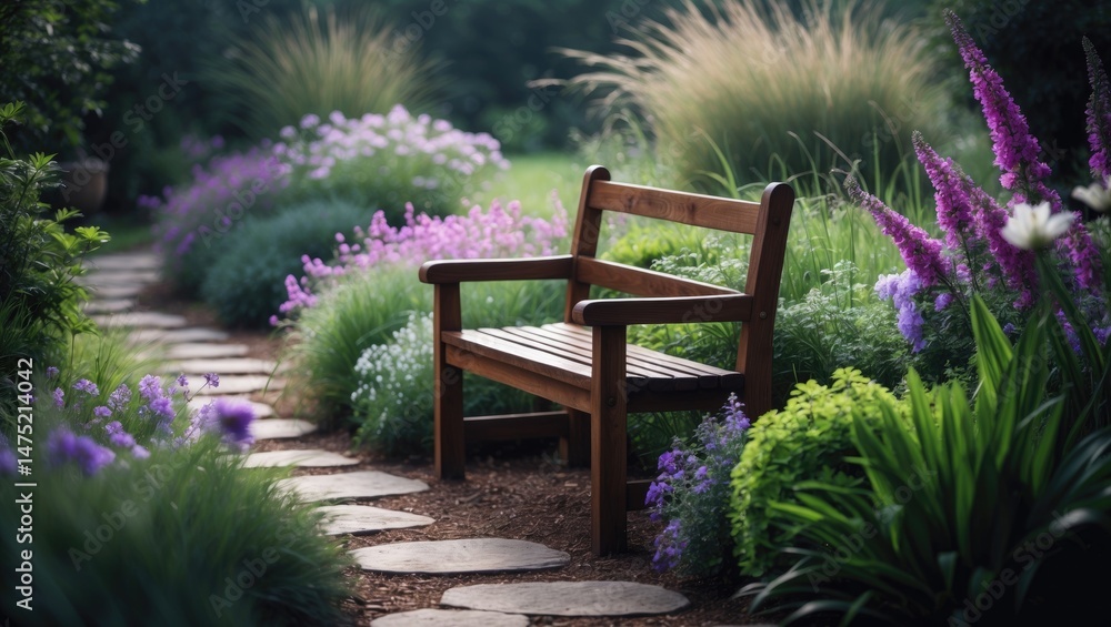 Obraz premium A serene garden setting features a rustic bench, perfect for resting and enjoying the lush surroundings.