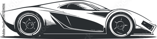 Black and white illustration of a sleek sports car side view showing modern design and speed
