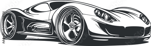 Black and white vector illustration of a sleek sports car with aerodynamic design and large wheels