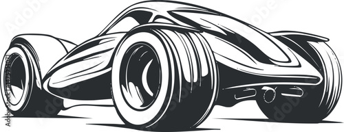 Stylized black and white illustration of a futuristic sleek racecar with large tires and aerodynamic design