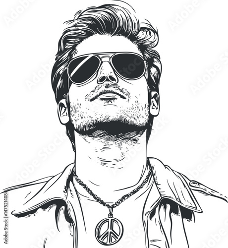 Black and white vector illustration of stylish young man wearing sunglasses and peace sign necklace looking confident