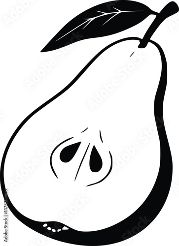 Fresh Half Pear Silhouette A Detailed Black Outline of a Sliced Fruit with Seeds and a Leaf