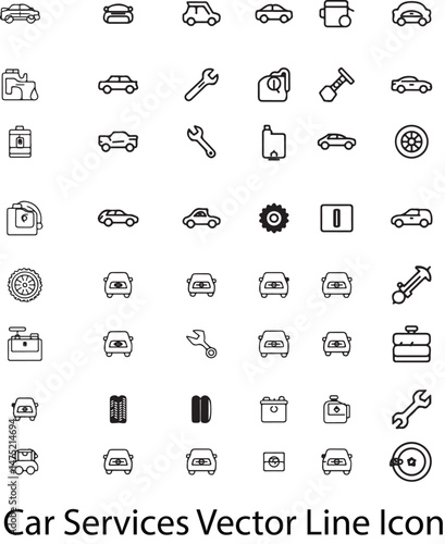 This set of vector line icons depicts various car services, from basic maintenance like changing oil and tires to more complex tasks like battery replacement and engine repair on white background.
