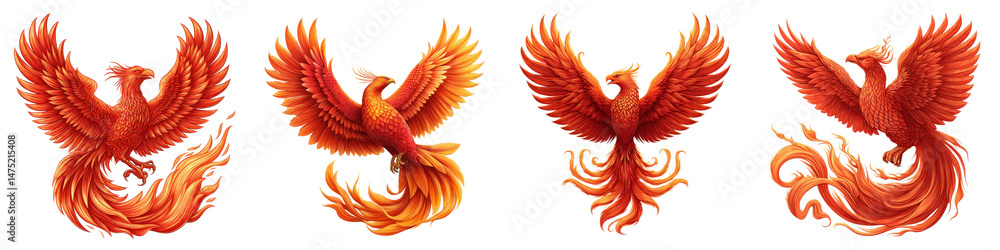 Fototapeta premium Phoenix, Fiery bird with outstretched wings and flaming tail, Rebirth Symbol, isolated on white background or transparent PNG