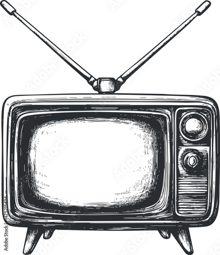 Black and white vintage television with antenna and knobs isolated on white background