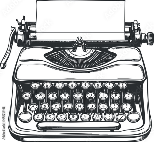 Vintage black and white illustration of a classic typewriter with a blank sheet of paper inserted for writing