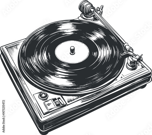 Black and white illustration of a vintage turntable playing a vinyl record with a tonearm and stylus.